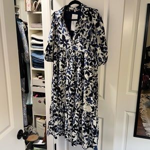 Blue and white short sleeve midi dress